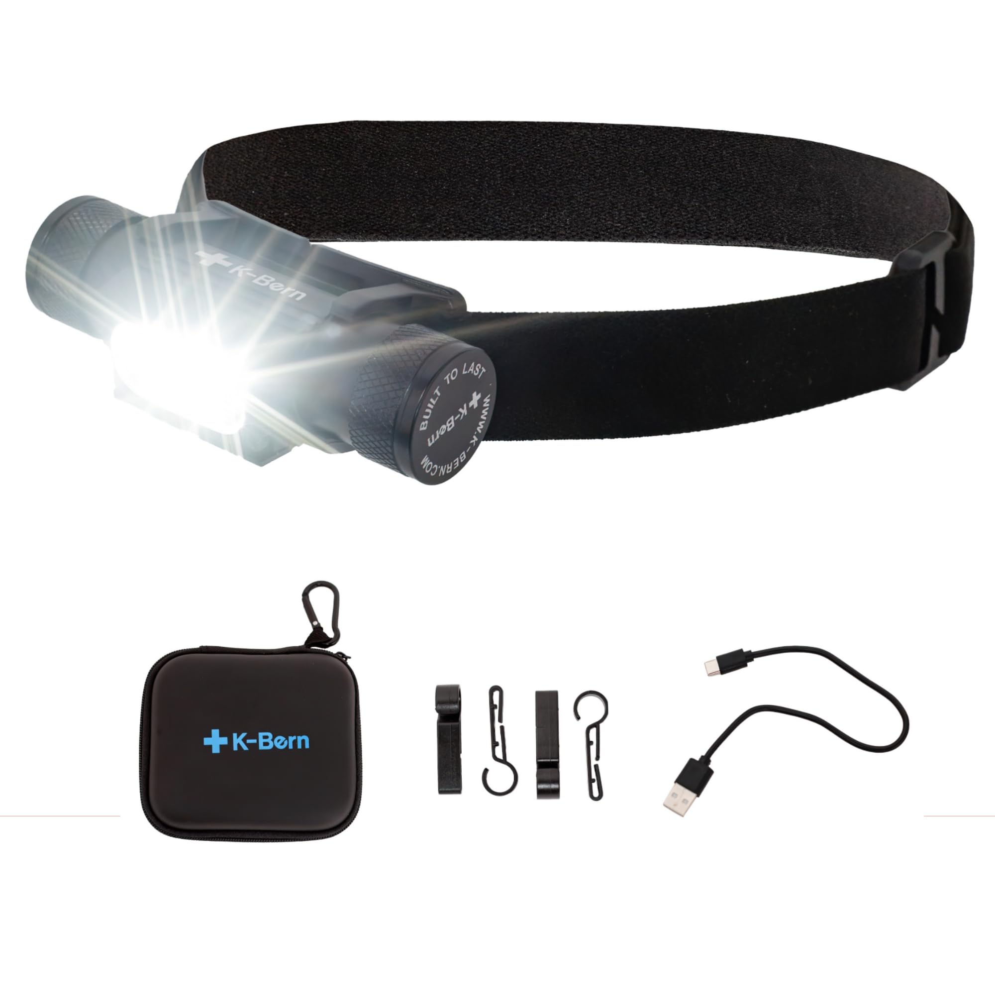 K-Bern headlamp front view shows 1850-lumen brightness for outdoor visibility.