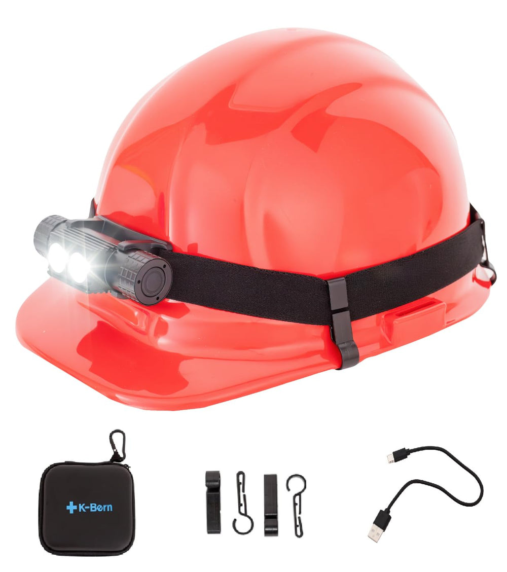 K-Bern PRO headlamp accessories including hard hat clips and carrying case