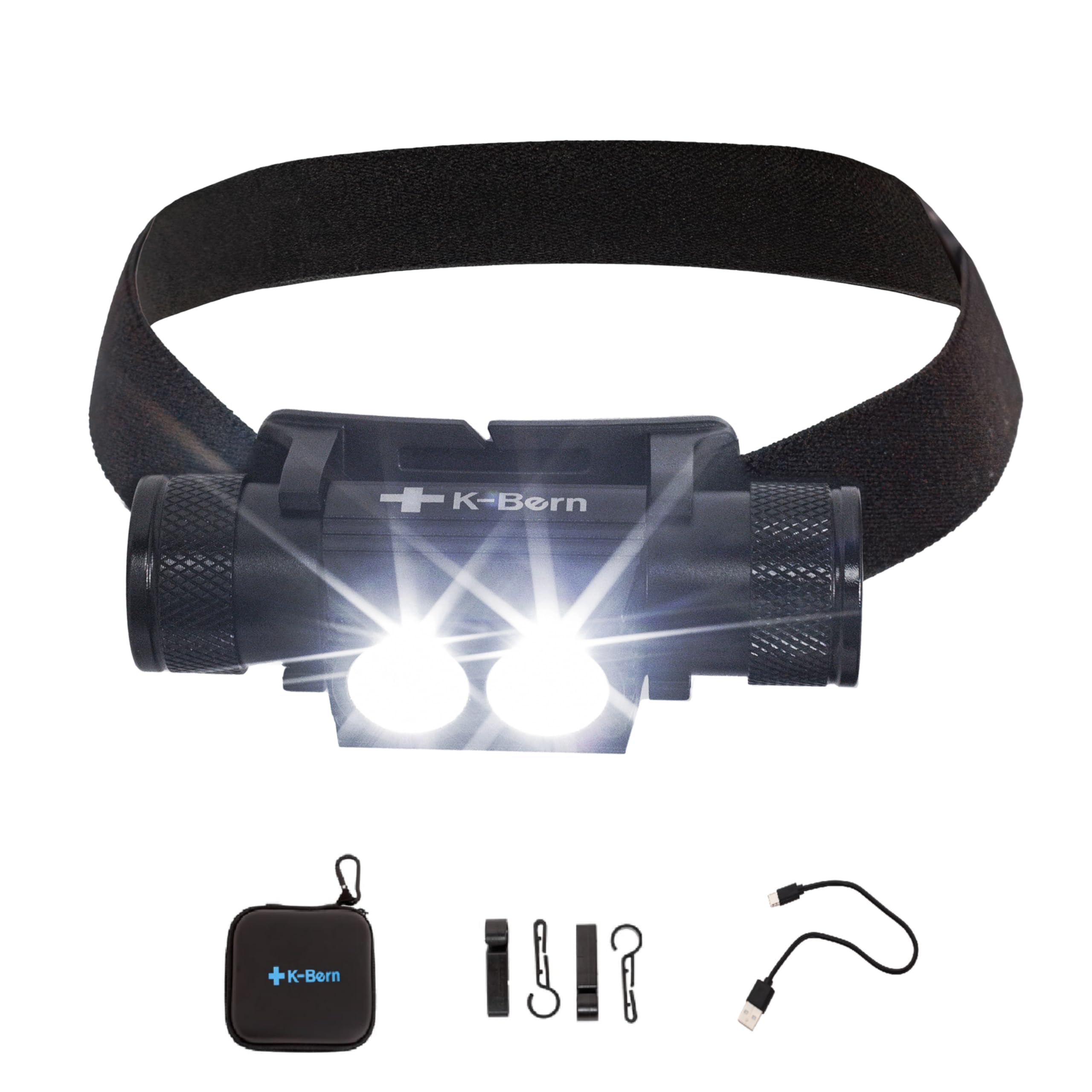 K-Bern PRO headlamp front view with bright beam for night hiking