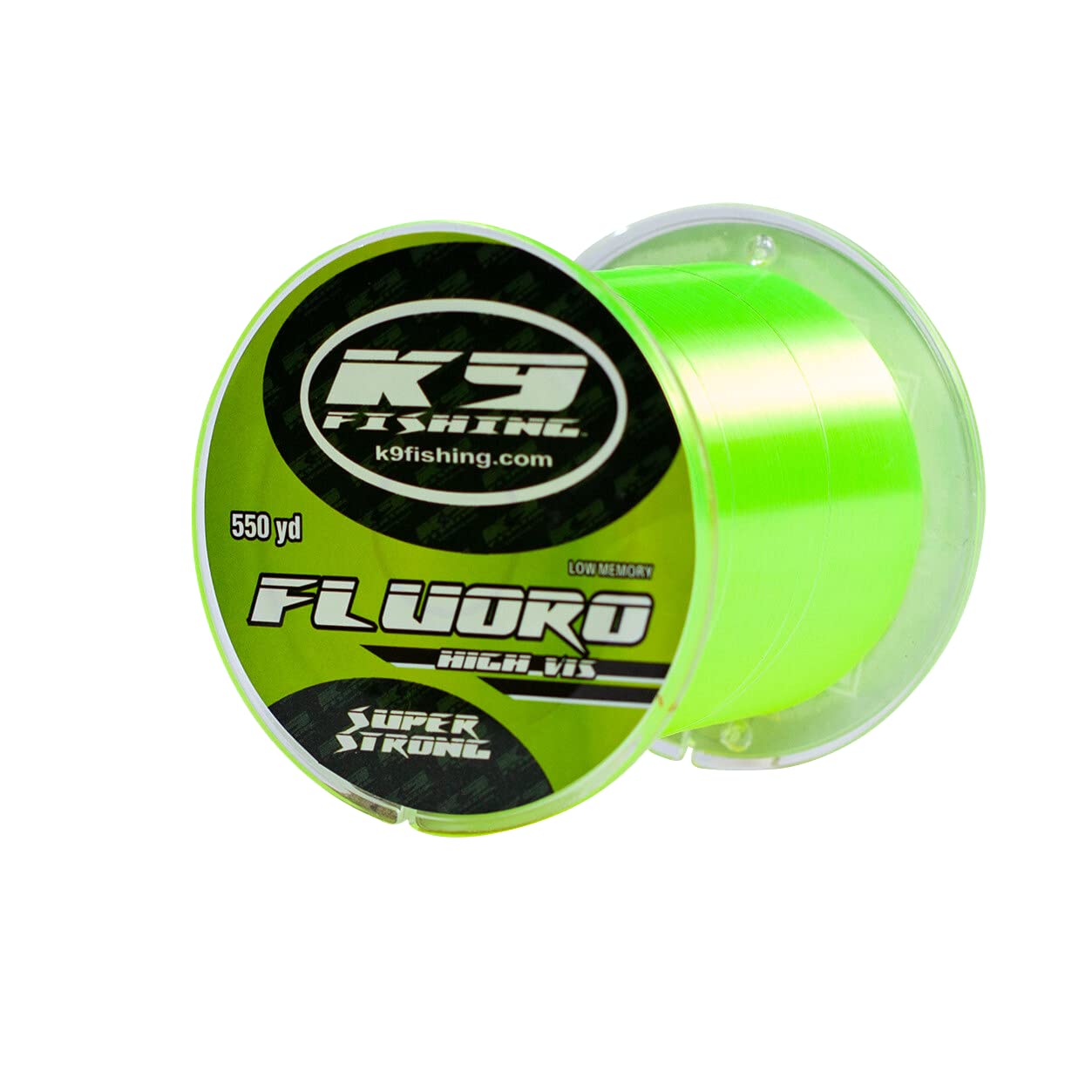 K9 Hi-Vis Fluoro Fishing Line spool label in chartreuse color