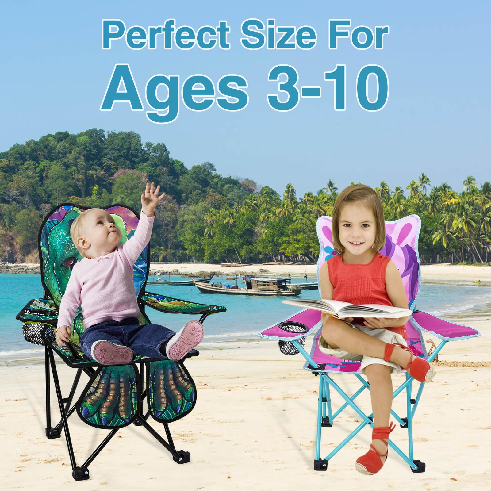 KABOER kids dinosaur chair at the beach with sunny weather.