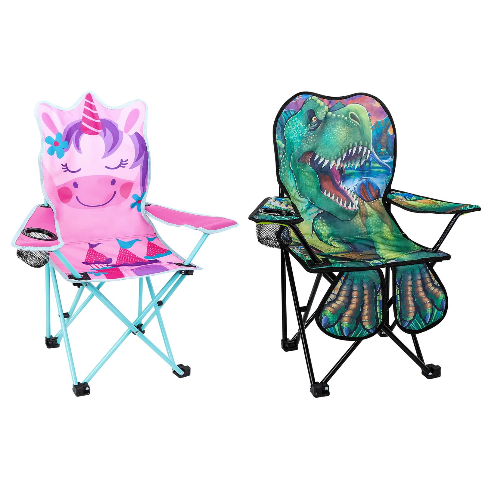 KABOER kids dinosaur folding chair front view with cup holder and sturdy frame.
