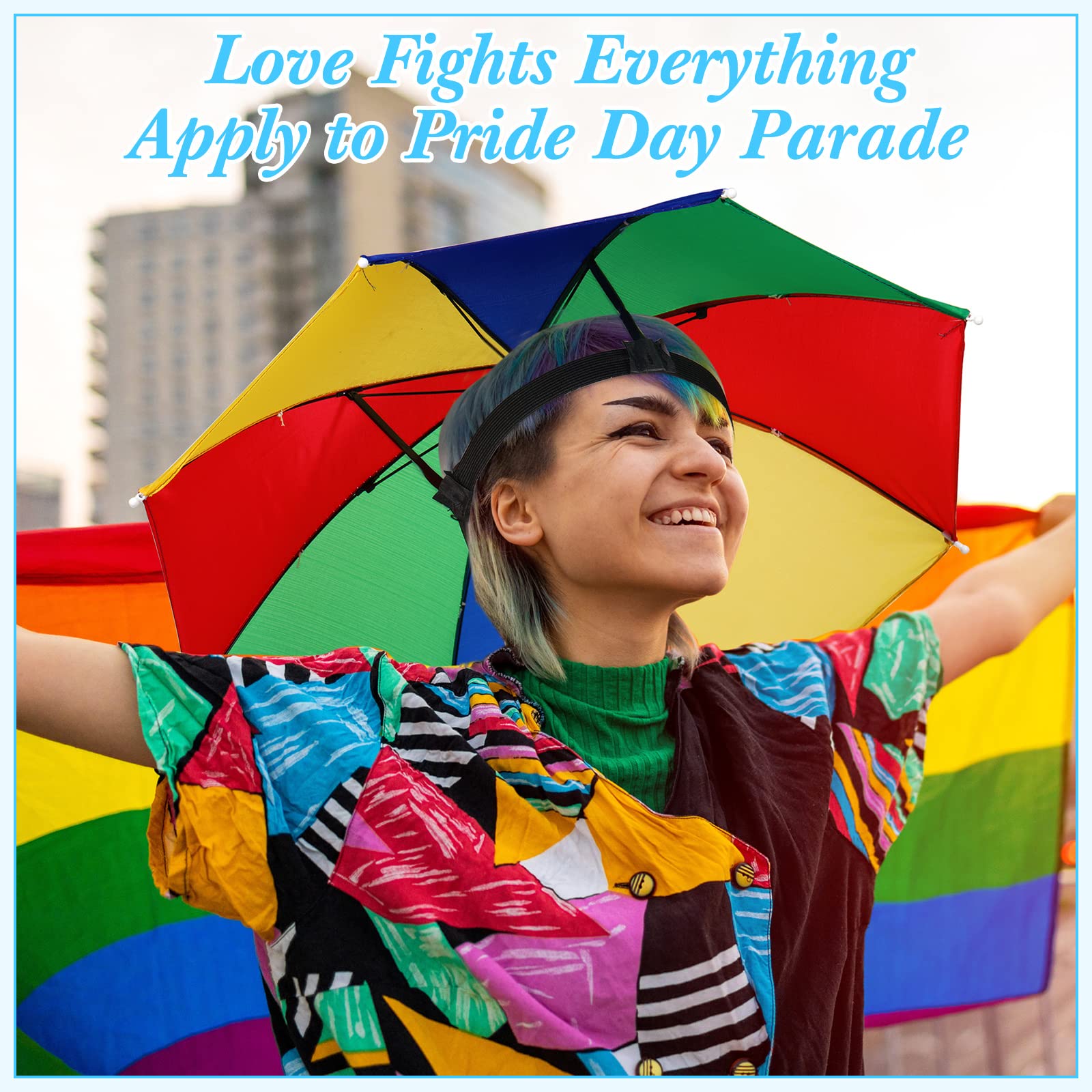 Outdoor use of rainbow umbrella hats for beach or hiking