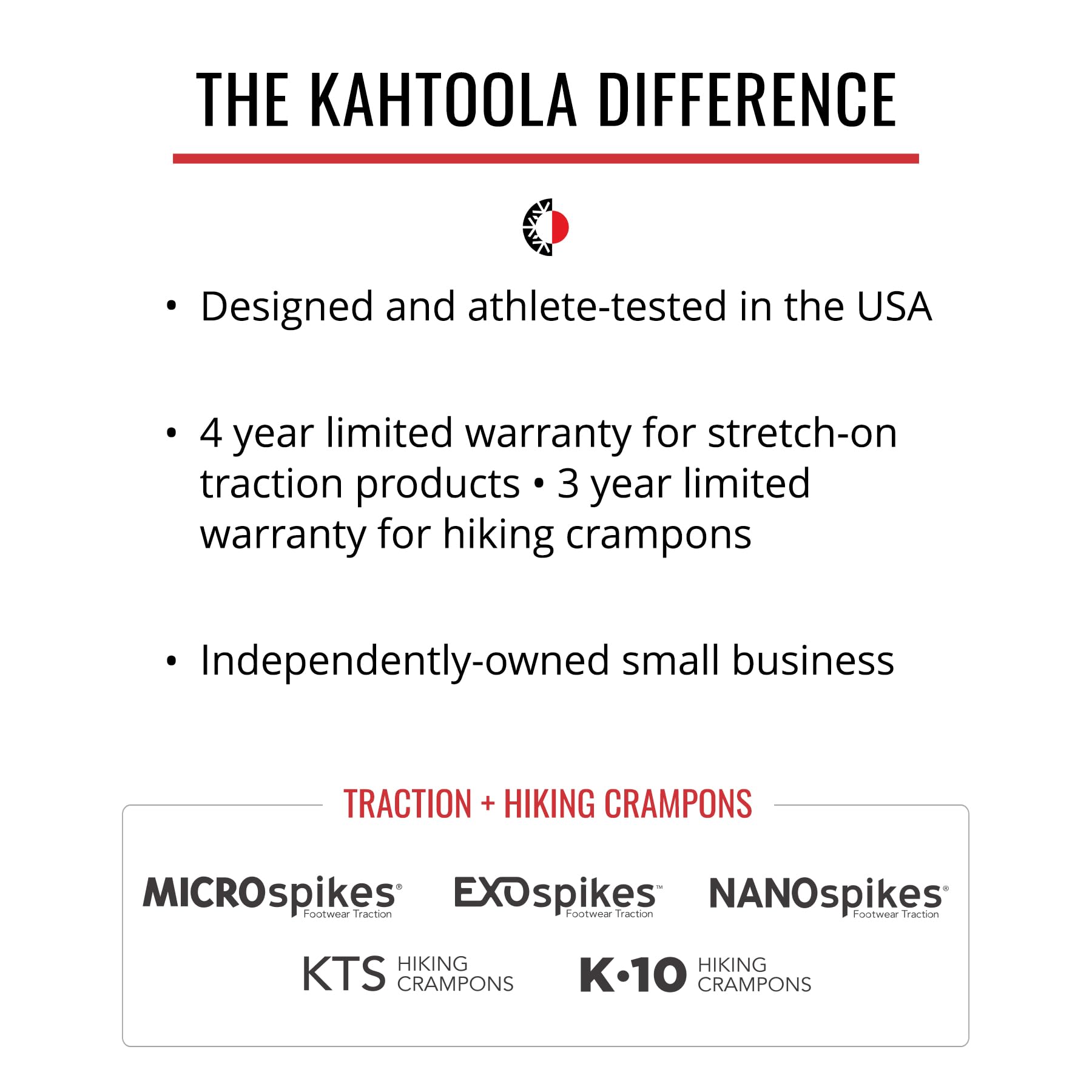 Kahtoola heritage since 1999 signals trusted outdoor gear.