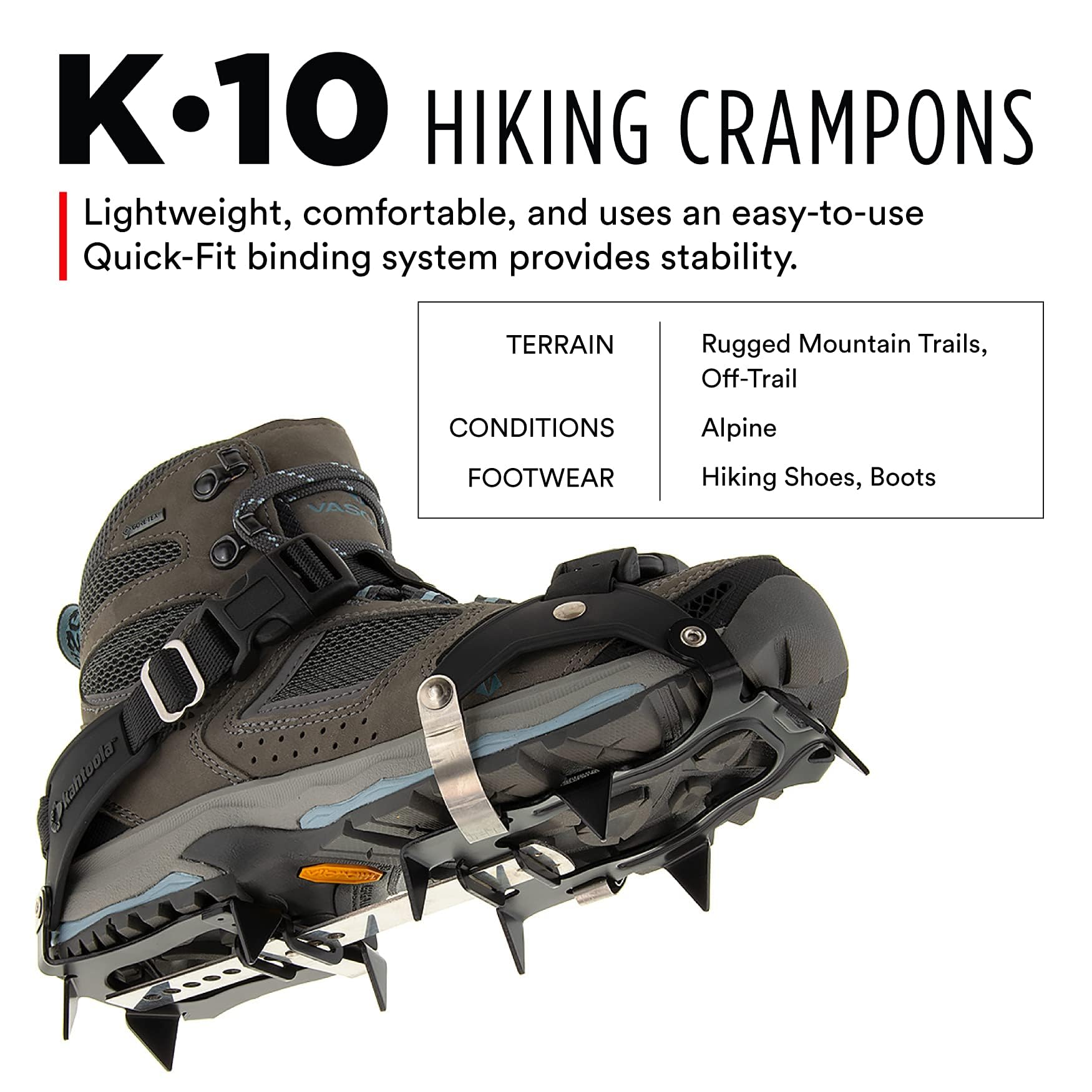 Kahtoola K10 shows 10-spike design for improved stability on ice.