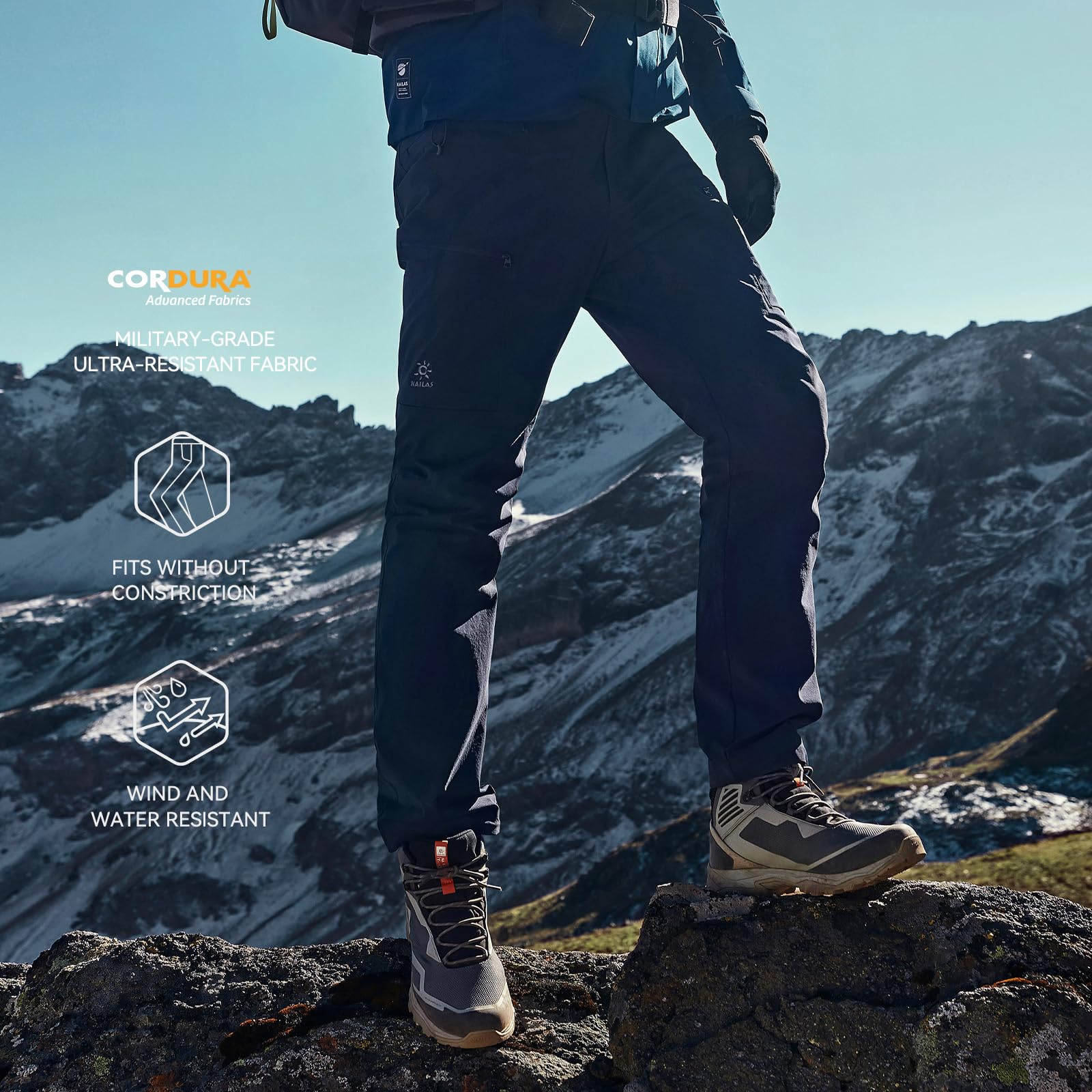 KAILAS softshell hiking pants side view shows flexible fit for alpine hikes