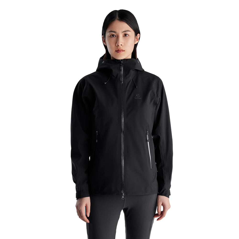 KAILAS women's hiking jacket hooded front view showing all-weather protection on trail