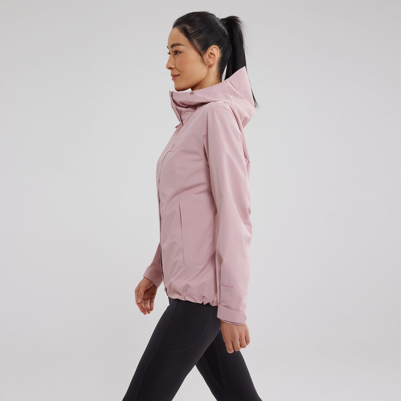 KAILAS women's raincoat waterproof fabric closeup emphasizes durable construction.