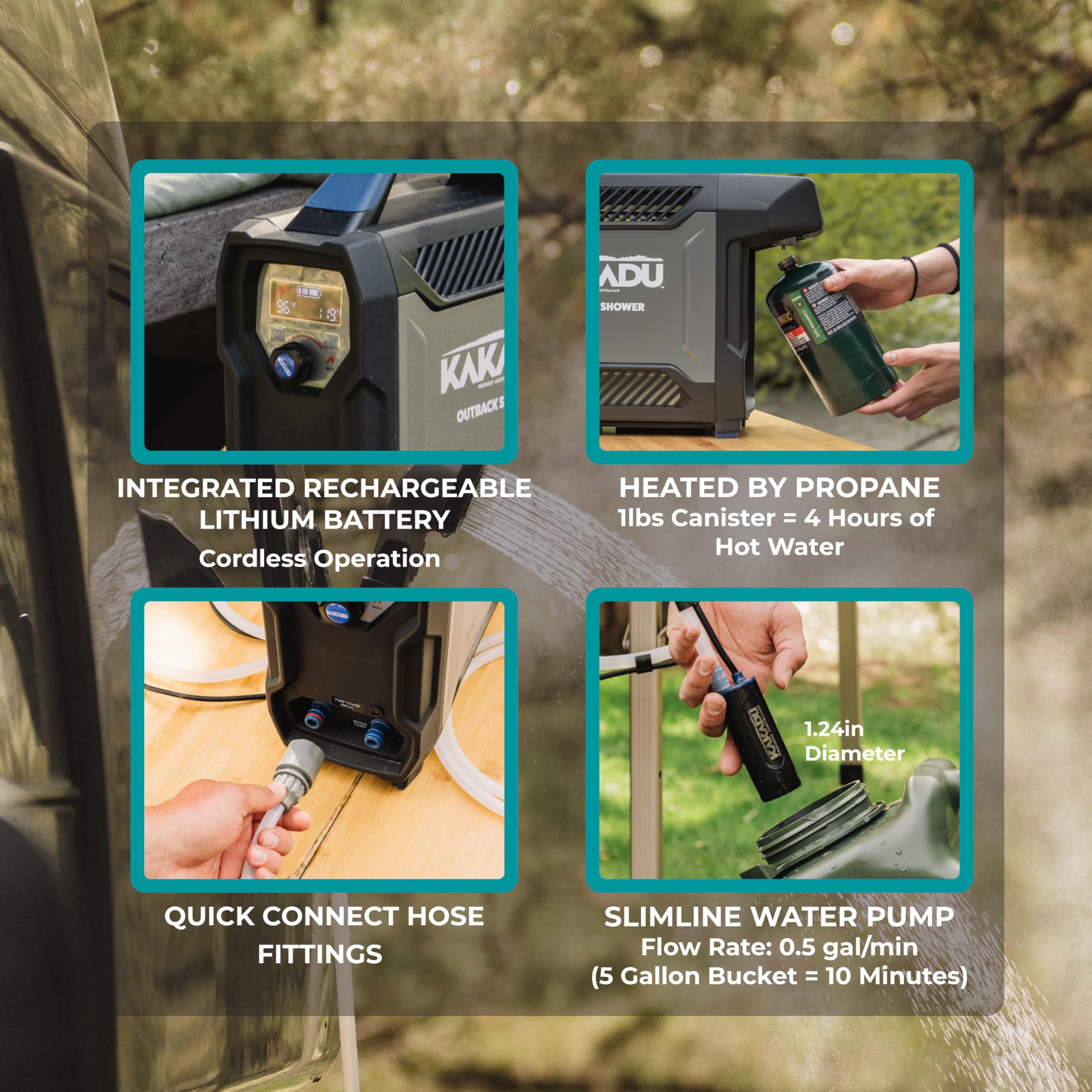 Kakadu Outback Shower adjustable head allows customized spray performance.