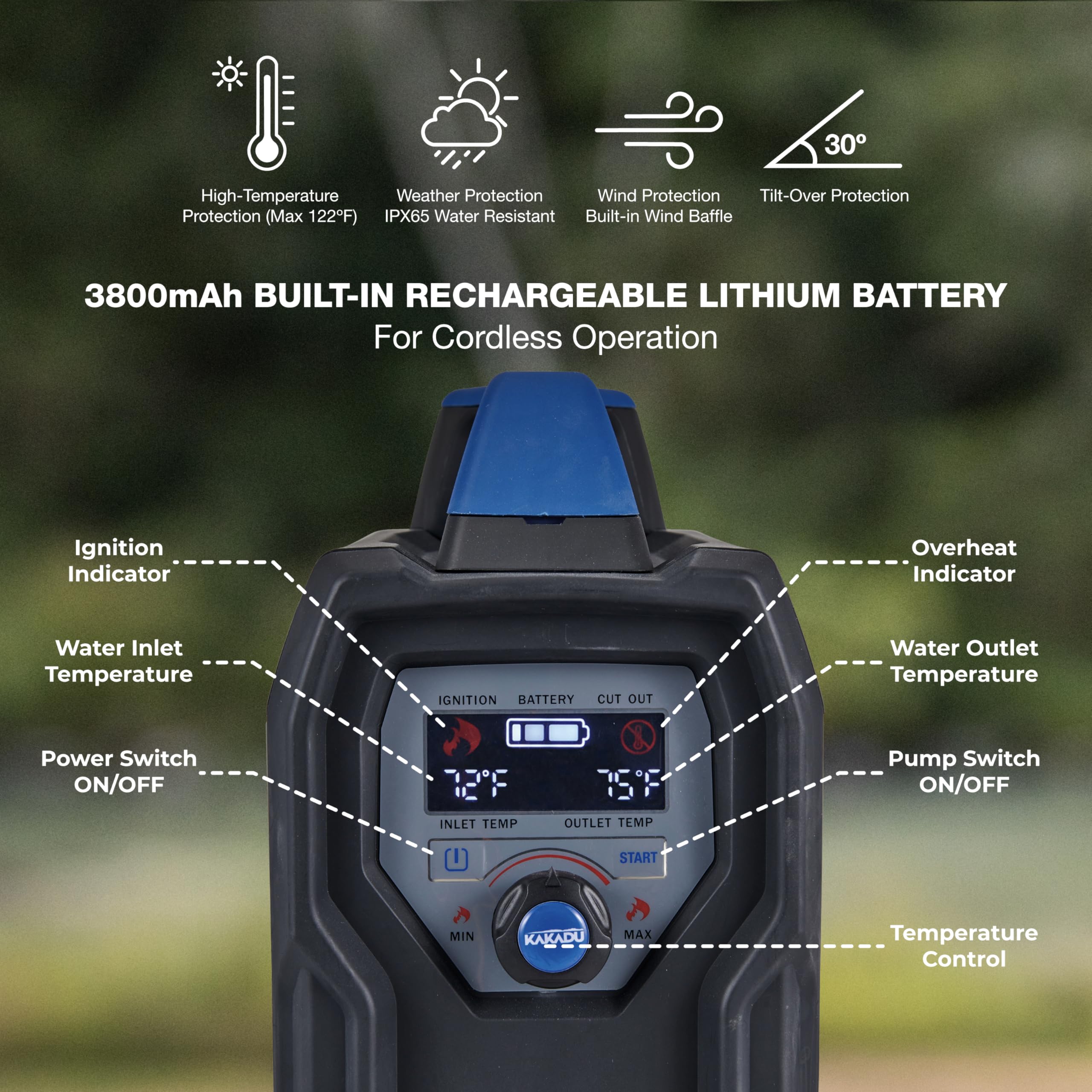 Kakadu Outback Shower rechargeable battery powers independent field use.