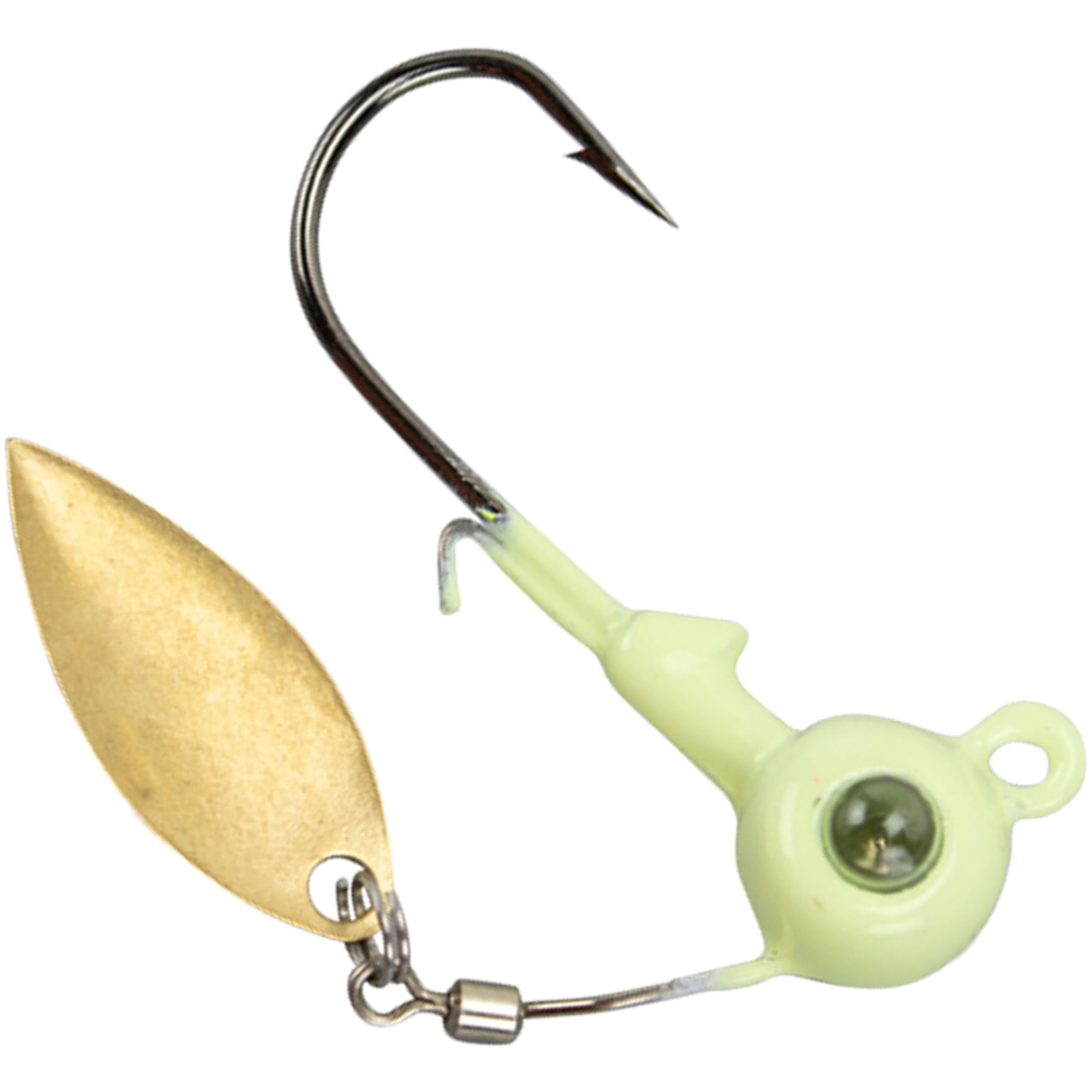 Kalin's Google Eye Spinner Jig 2-pack in white with glass rattle boosts visibility and bite triggering in freshwater.