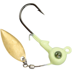 Kalin's Google Eye Spinner Jig 2-pack in white with glass rattle boosts visibility and bite triggering in freshwater.