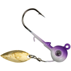 Kalin's Google Eye Spinner Jig Purple Ghost 1/4 oz uses reflective eye and rattle to attract bites.