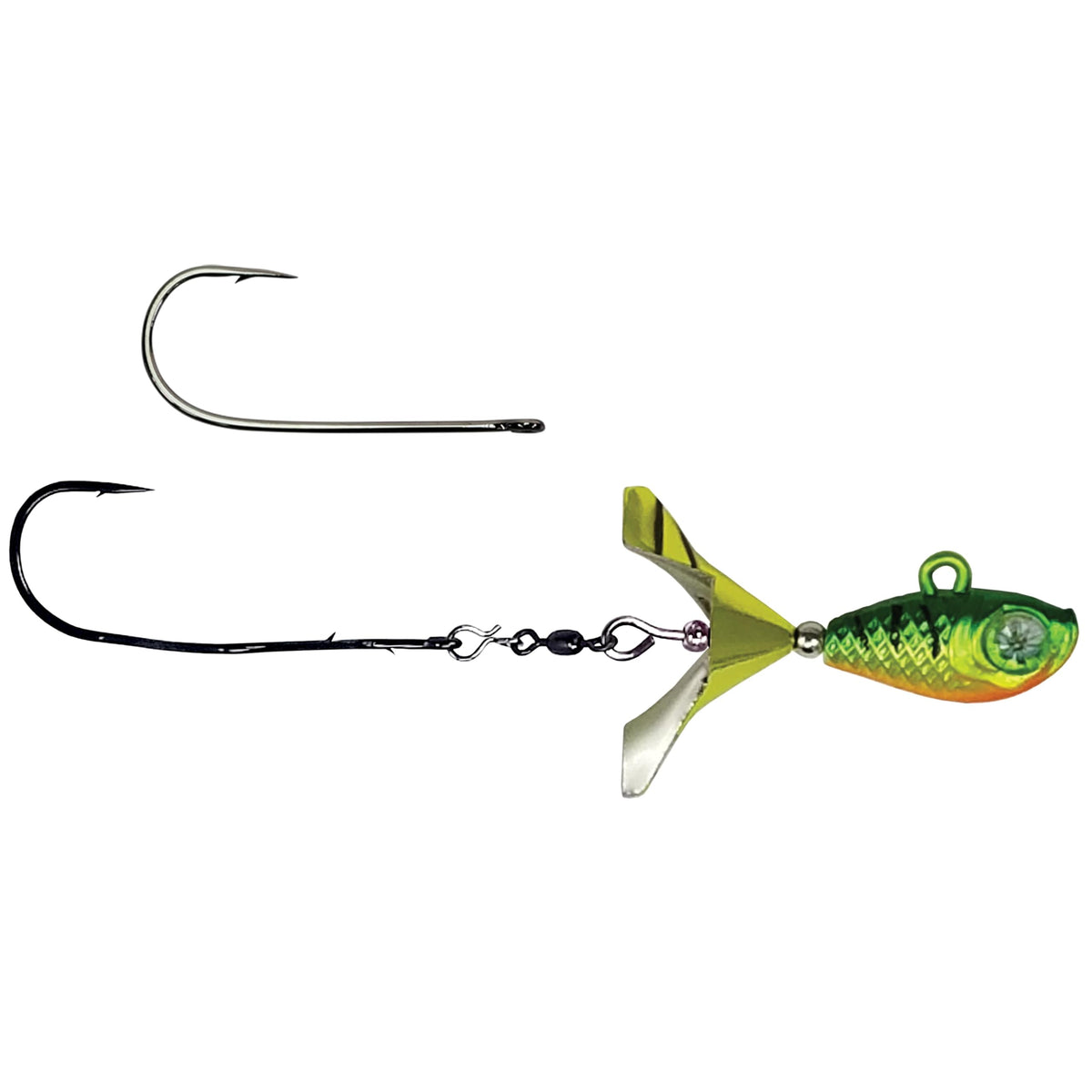 Kalins Google Eye Tungsten Firetiger lure with spinner; attracts and triggers bites with glow rattle