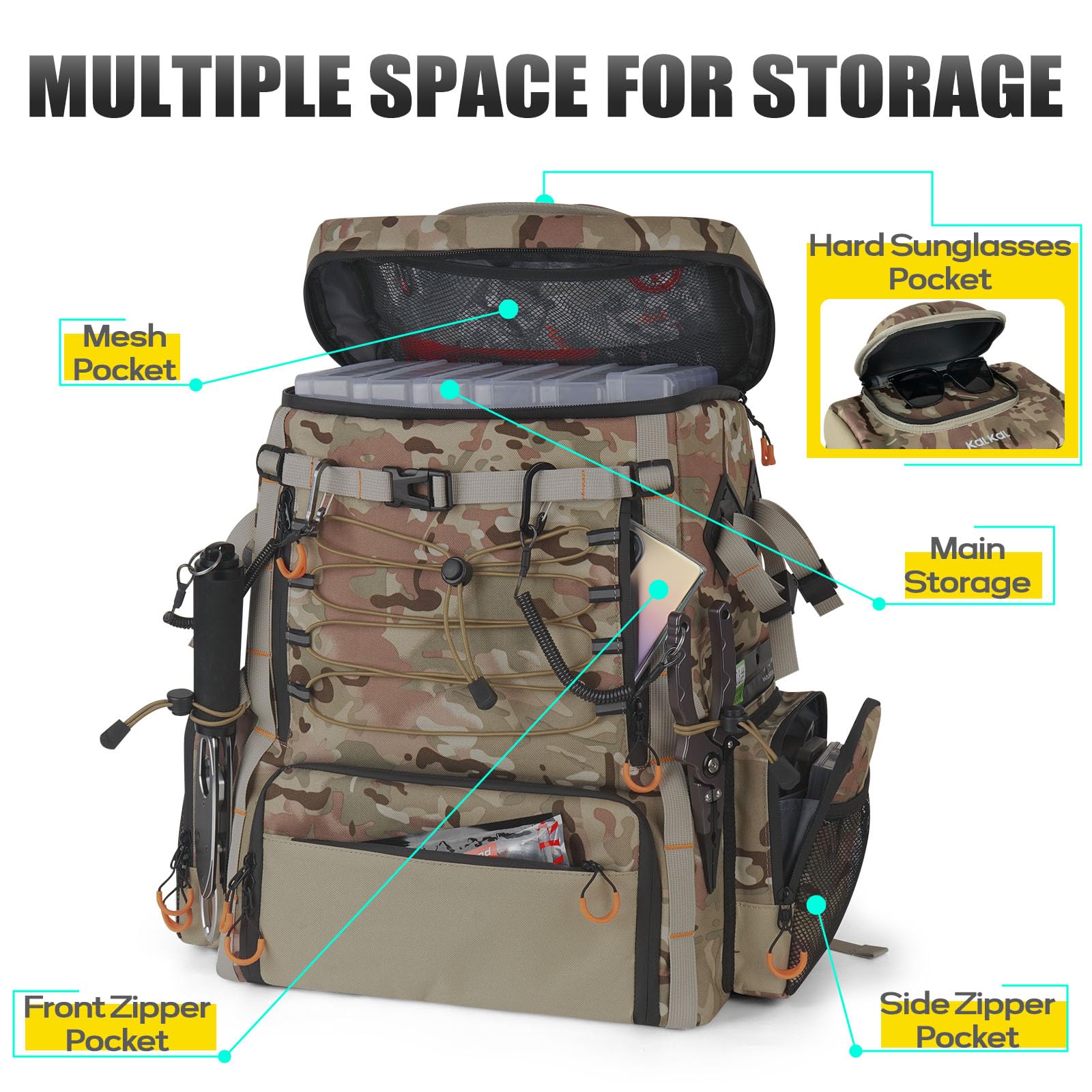 Kalkal Fishing Backpack camo design blends with outdoor environments