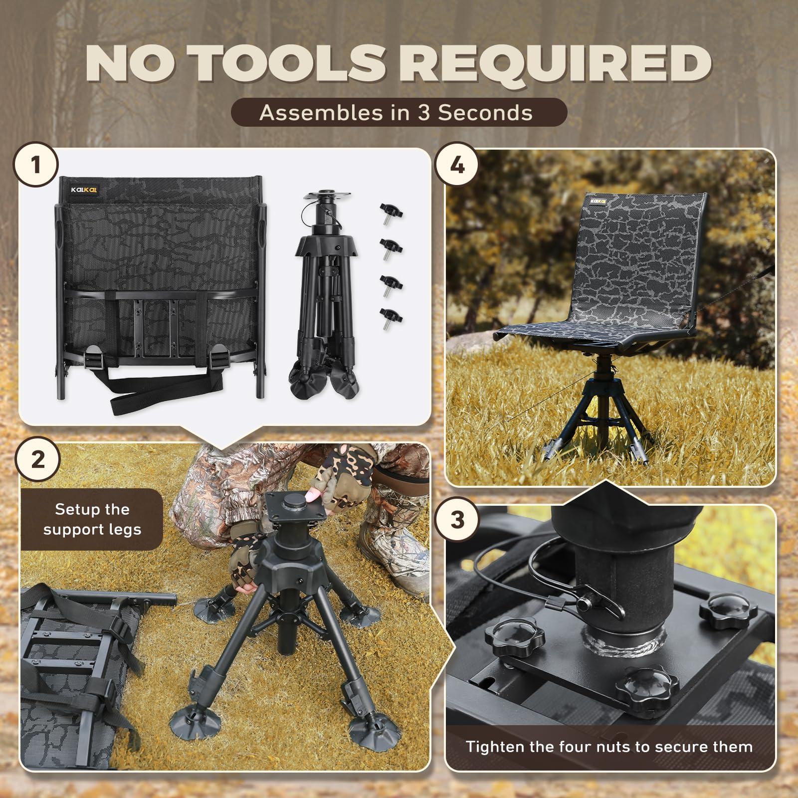 Kalkal hunting chair supports up to 300 pounds for versatile outdoor use.