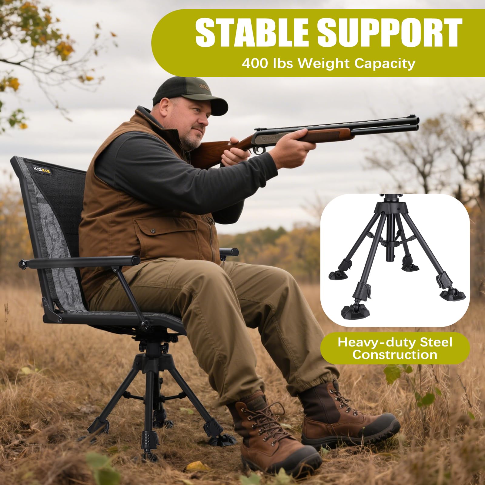 Kalkal Hunting Chair silent swivel mechanism reduces noise during setup.