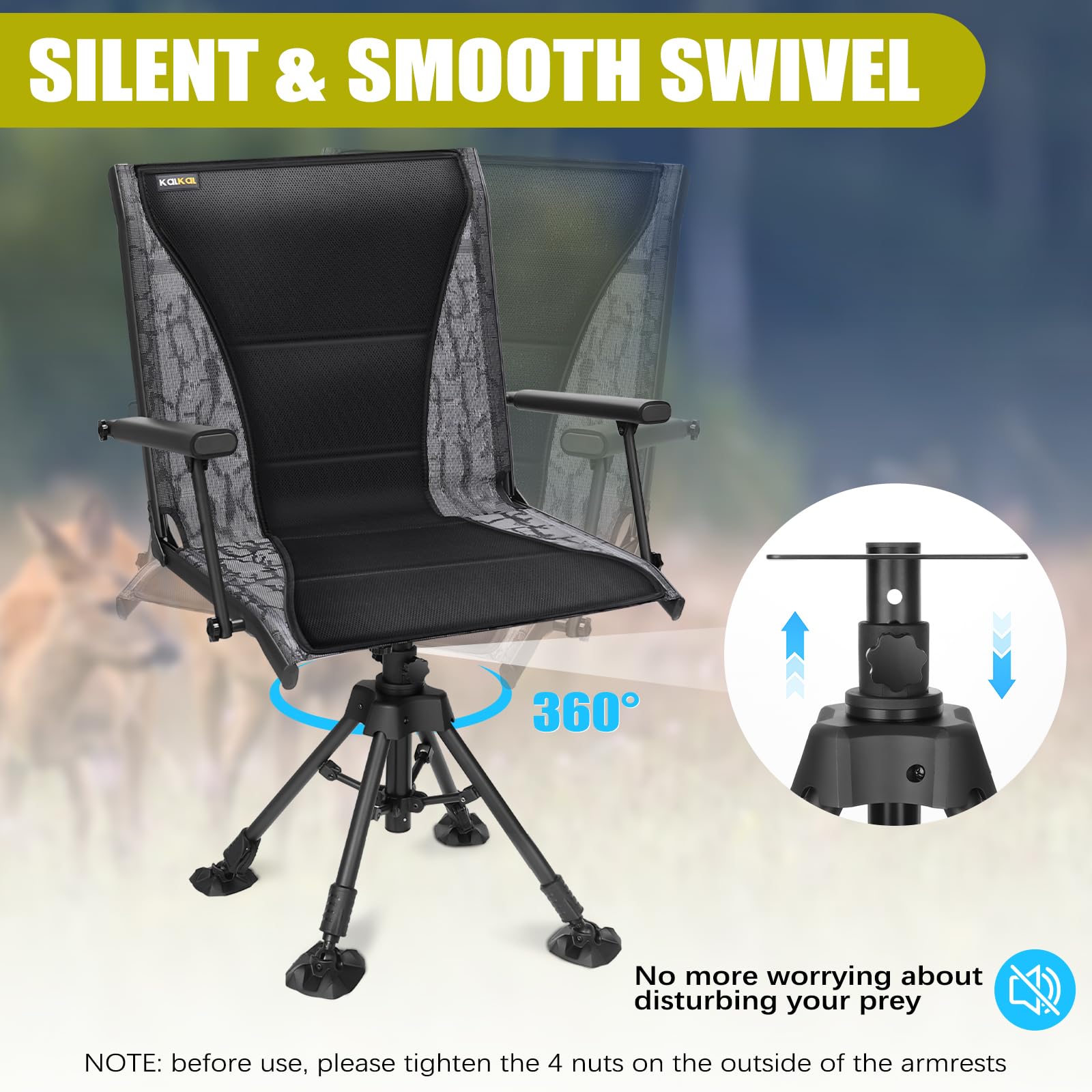 Kalkal Hunting Chair 180° duck feet stabilize on mud and grass terrain.