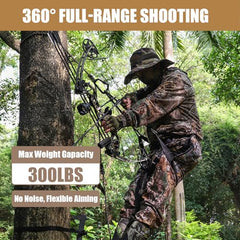 Kalkal tree saddle in camo pattern blends with woodland surroundings.