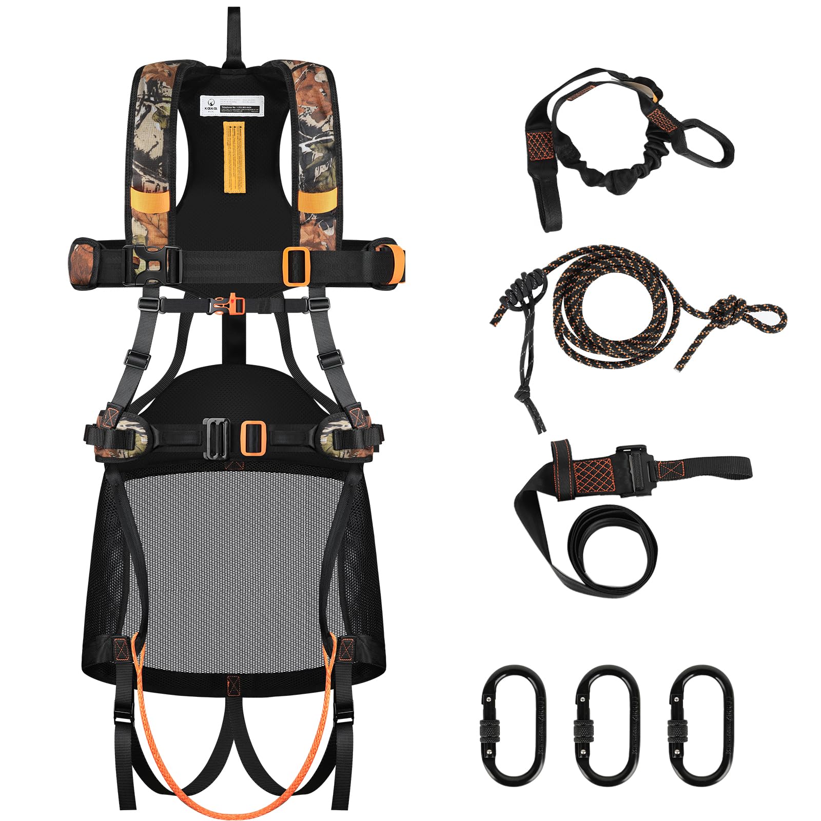 Kalkal Tree Stand Harness showcases camouflage 900D fabric for discreet, durable hunting concealment.
