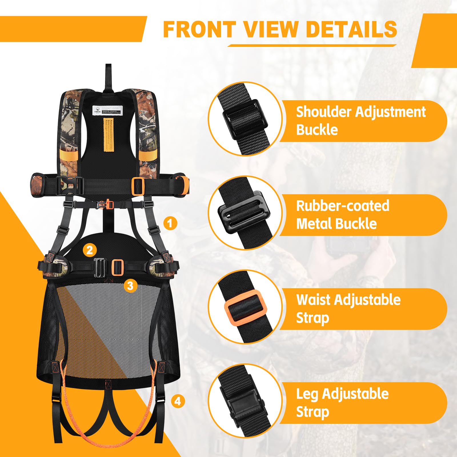 Kalkal Tree Stand Harness features a comfortable saddle for long sits with improved support.