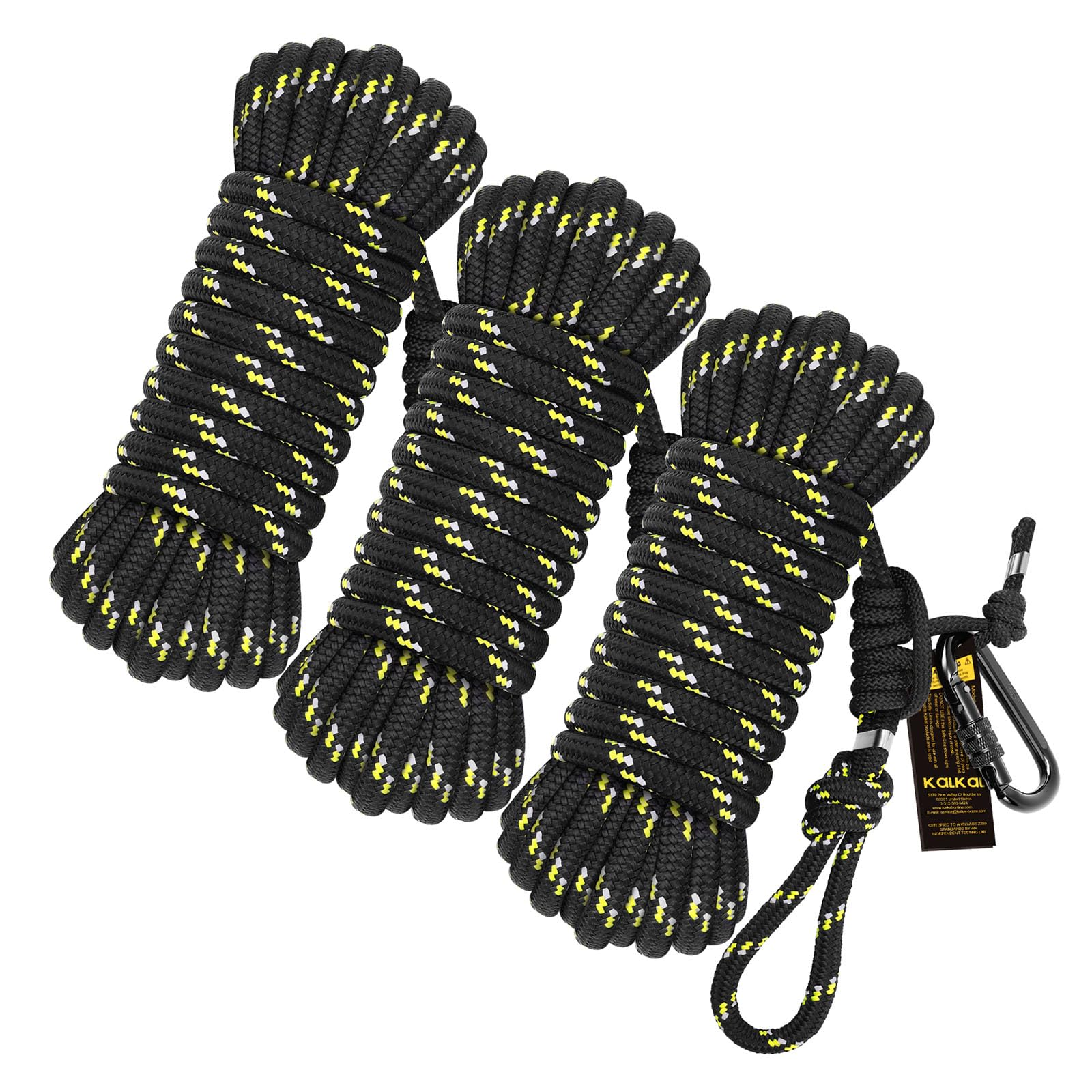 Kalkal tree-stand-rope close-up shows 12mm polyester strength up to 300 lbs.