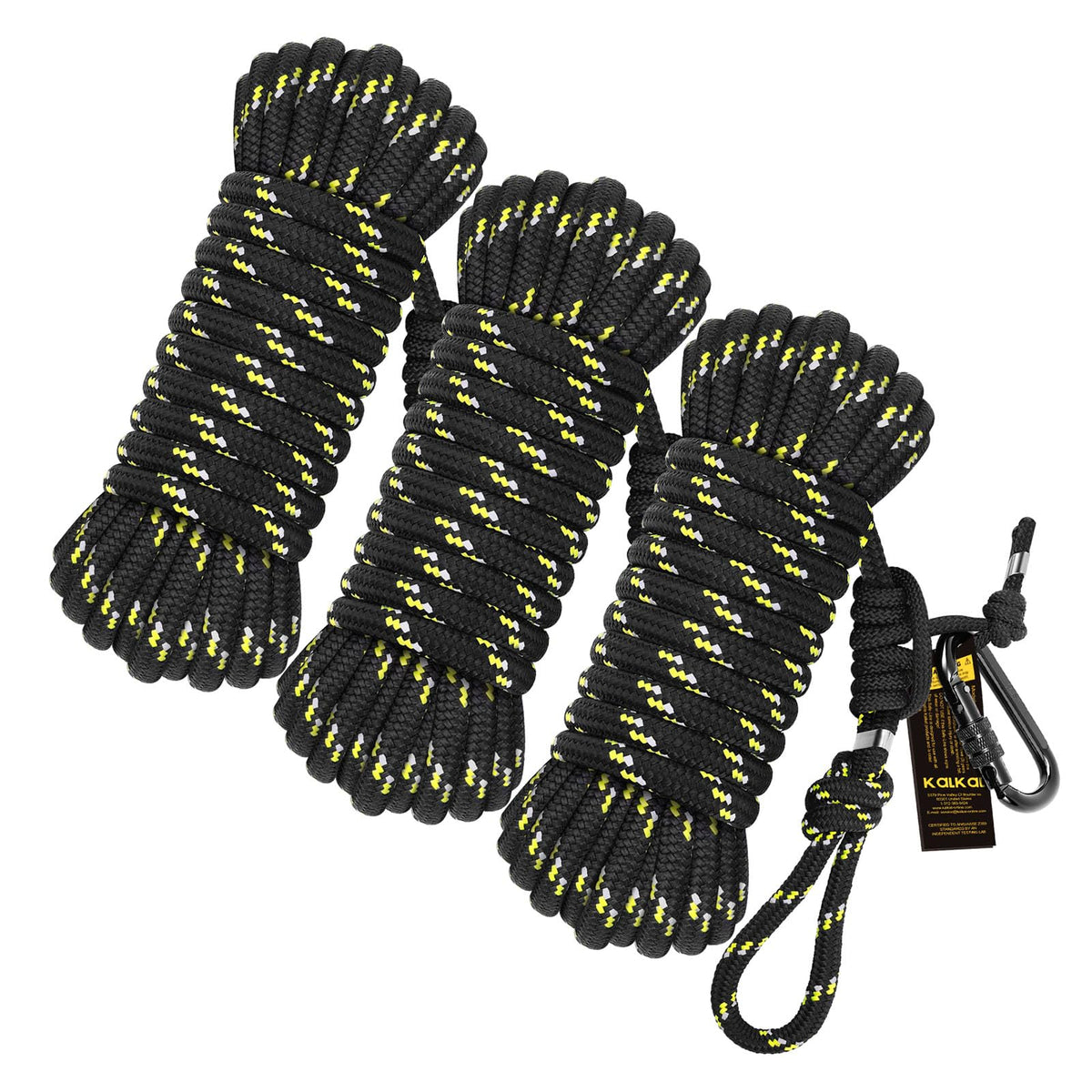 Kalkal tree-stand-rope close-up shows 12mm polyester strength up to 300 lbs.