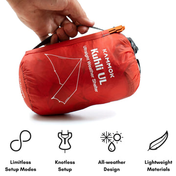 Kammok Kuhli Ultralight sil-pu-coating provides weatherproof protection against rain.