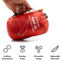 Kammok Kuhli Ultralight sil-pu-coating provides weatherproof protection against rain.