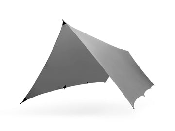 Kammok Kuhli weather shelter deployed as granite gray canopy for versatile rain protection.