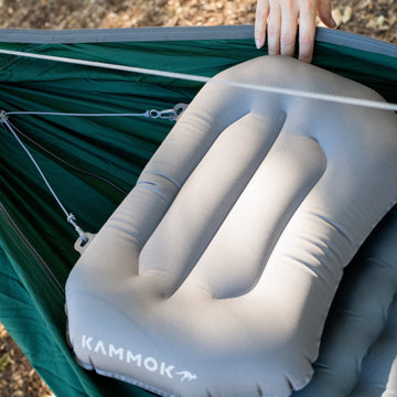 KAMMOK Mantis gear loft and ridgeliner organize essentials at camp.