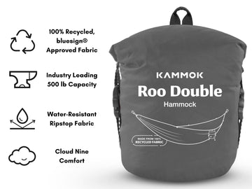 KAMMOK Roo Double Hammock demonstrating 500 lb weight capacity outdoors.