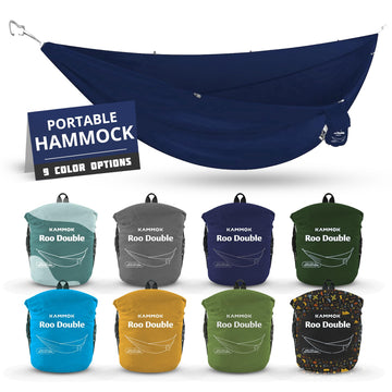 KAMMOK Roo Double Hammock in midnight blue, compact and comfortable for camping.