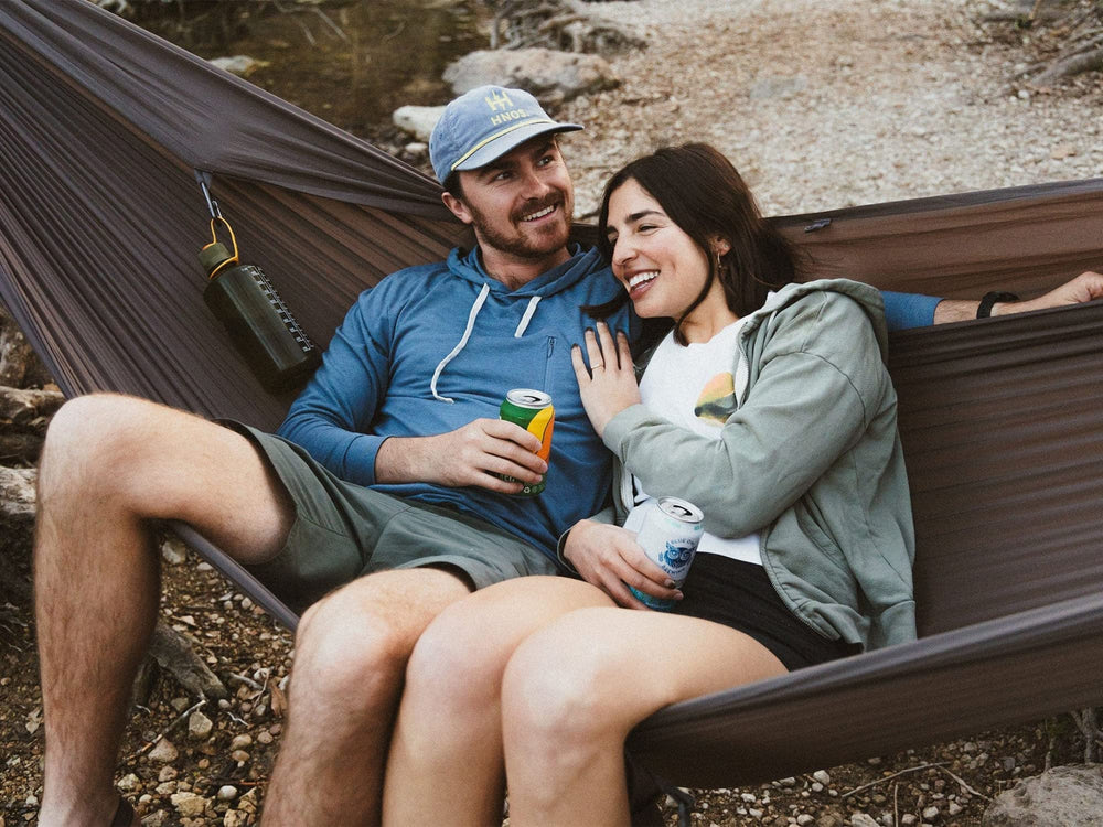 KAMMOK Roo Double XL hammock extended for a comfortable backyard hang.