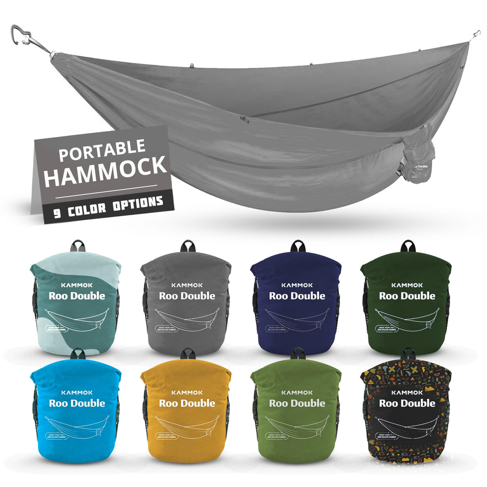 KAMMOK Roo Double XL hammock folded in its compact pack for travel-ready portability.