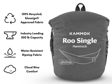 Kammok Roo Single hammock in-use camping scene demonstrates compact setup and quick hang.