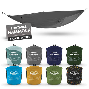 Kammok Roo Single hammock packed in a compact stuff sack for easy travel.