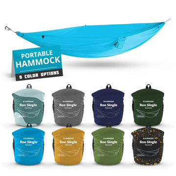 Kammok Roo Single hammock packed in roll-top sack for travel readiness.