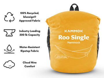 Kammok Roo Single hammock setup between trees for quick hanging.