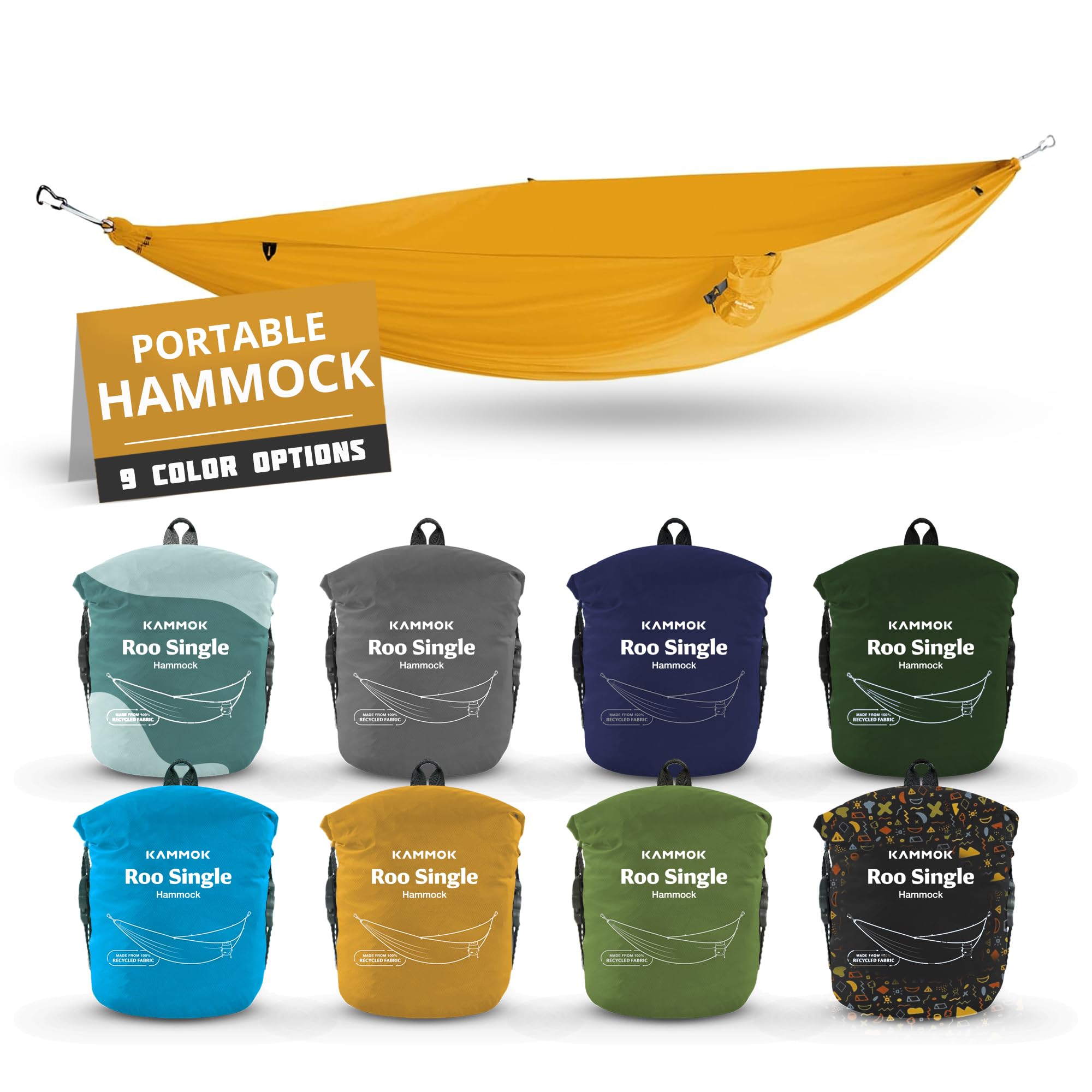 Kammok Roo Single in Sunflower Gold with folded-stuff-sack, travel-ready setup.
