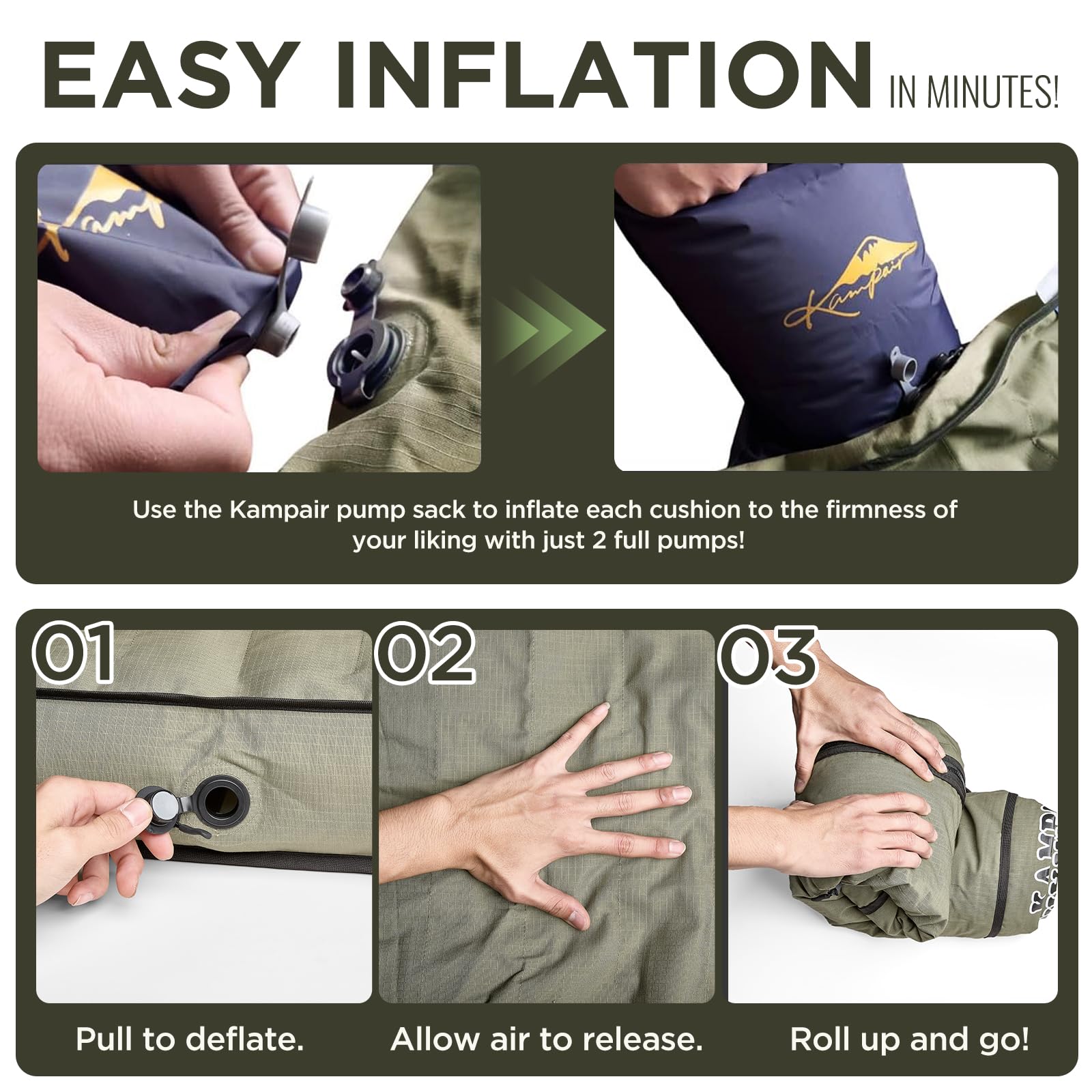 Kampair easy inflation with pump valves speeds up campsite setup.