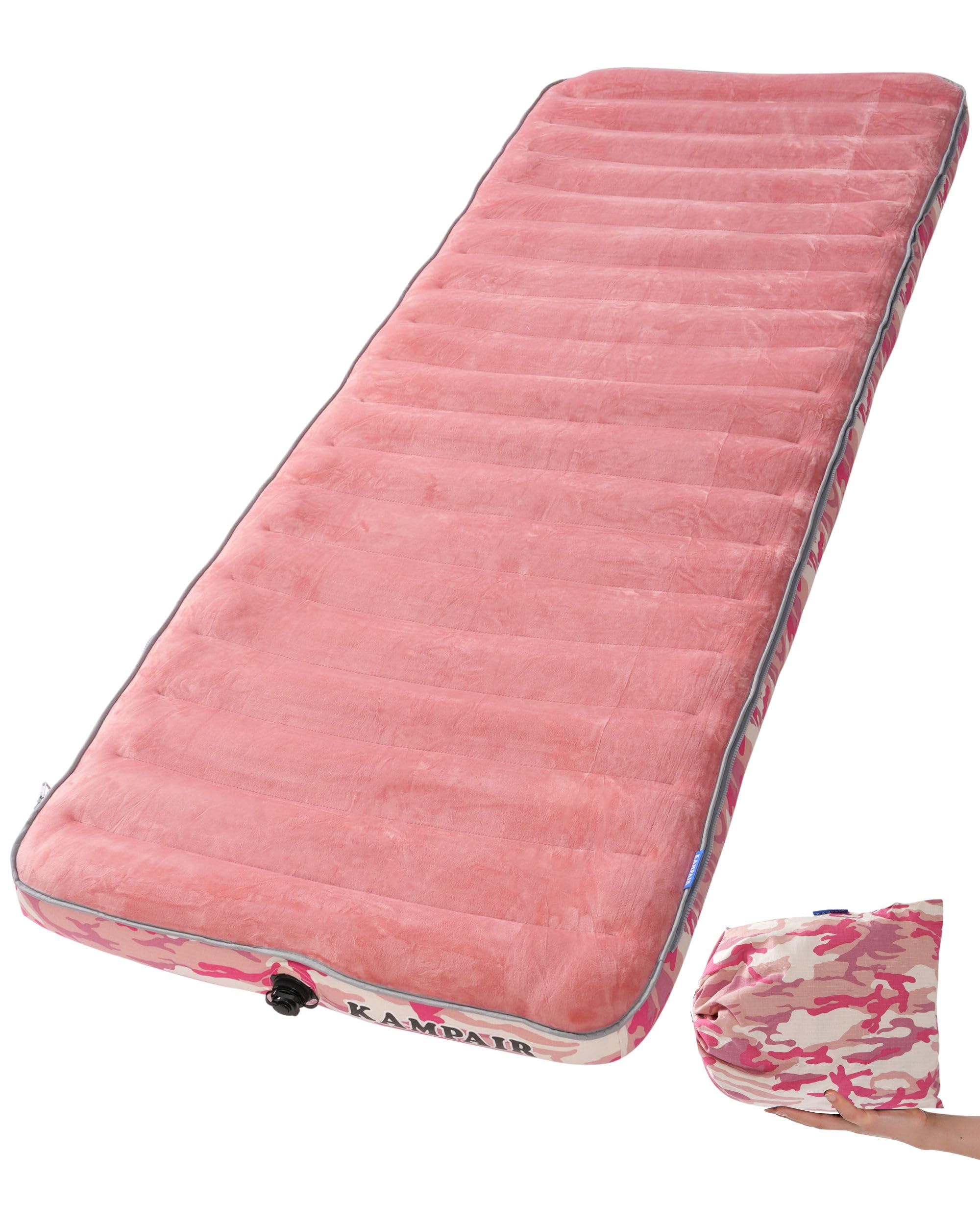 Kampair sleeping pad velvet-top close-up shows skin-friendly softness for cozy comfort.