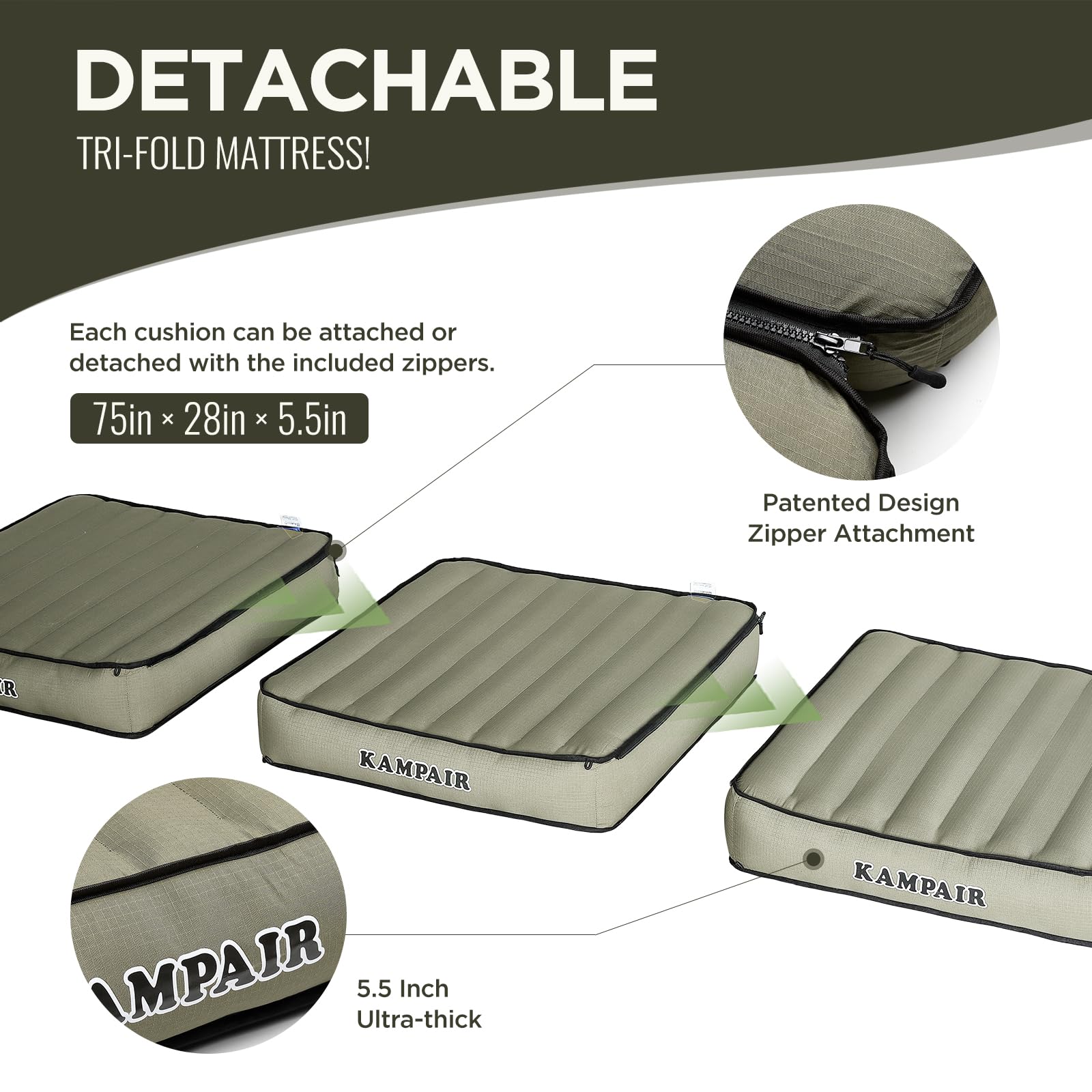 Kampair zippered detached sections enable multi-use comfort and easy packing.