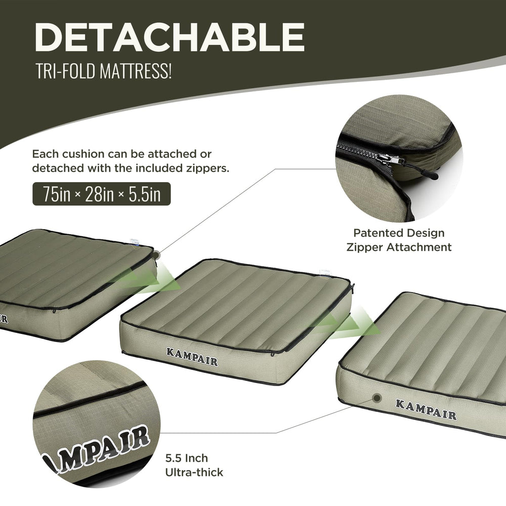 Kampair zippered detached sections enable multi-use comfort and easy packing.