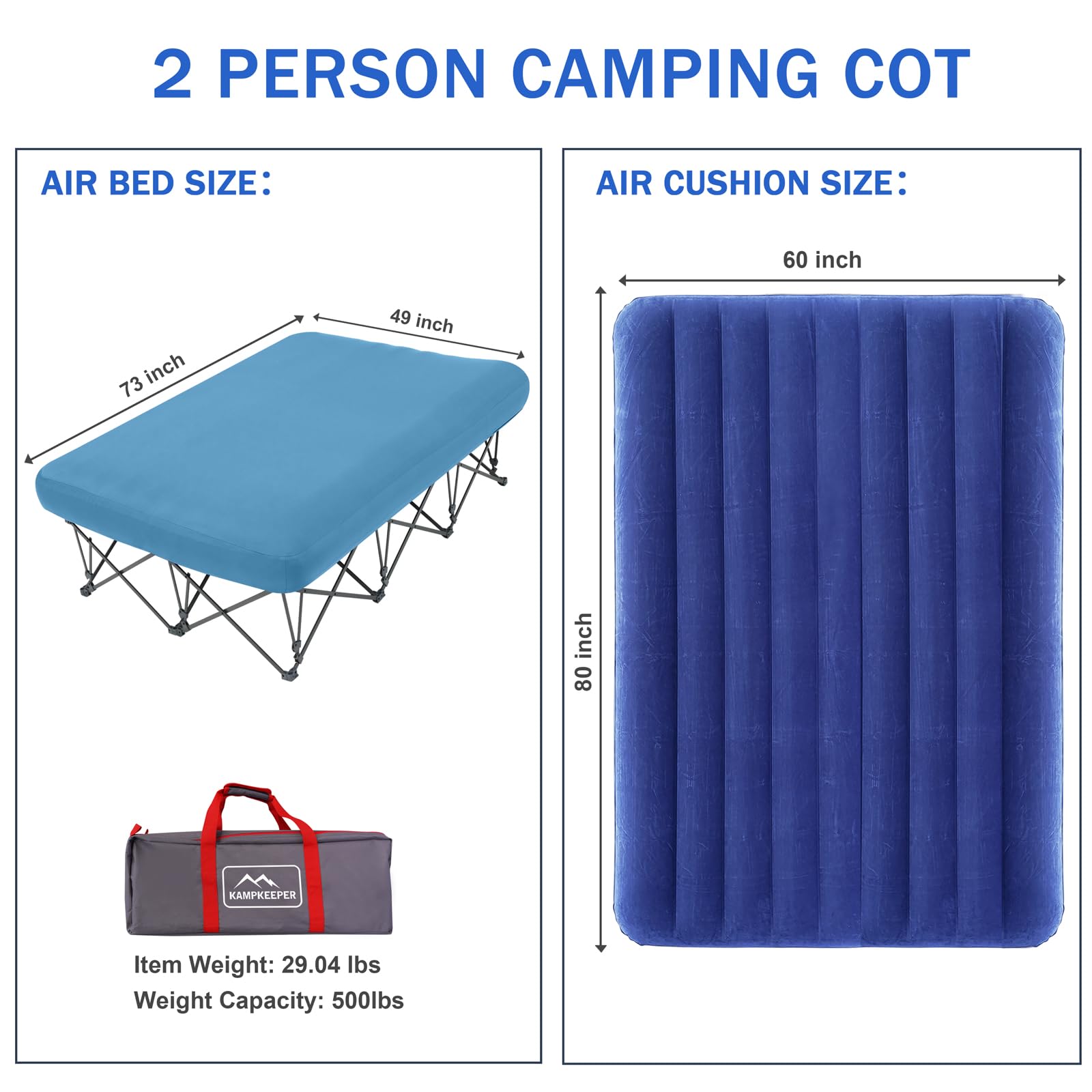 KAMPKEEPER camping cot suitable for indoor and outdoor use offering versatile sleeping options.