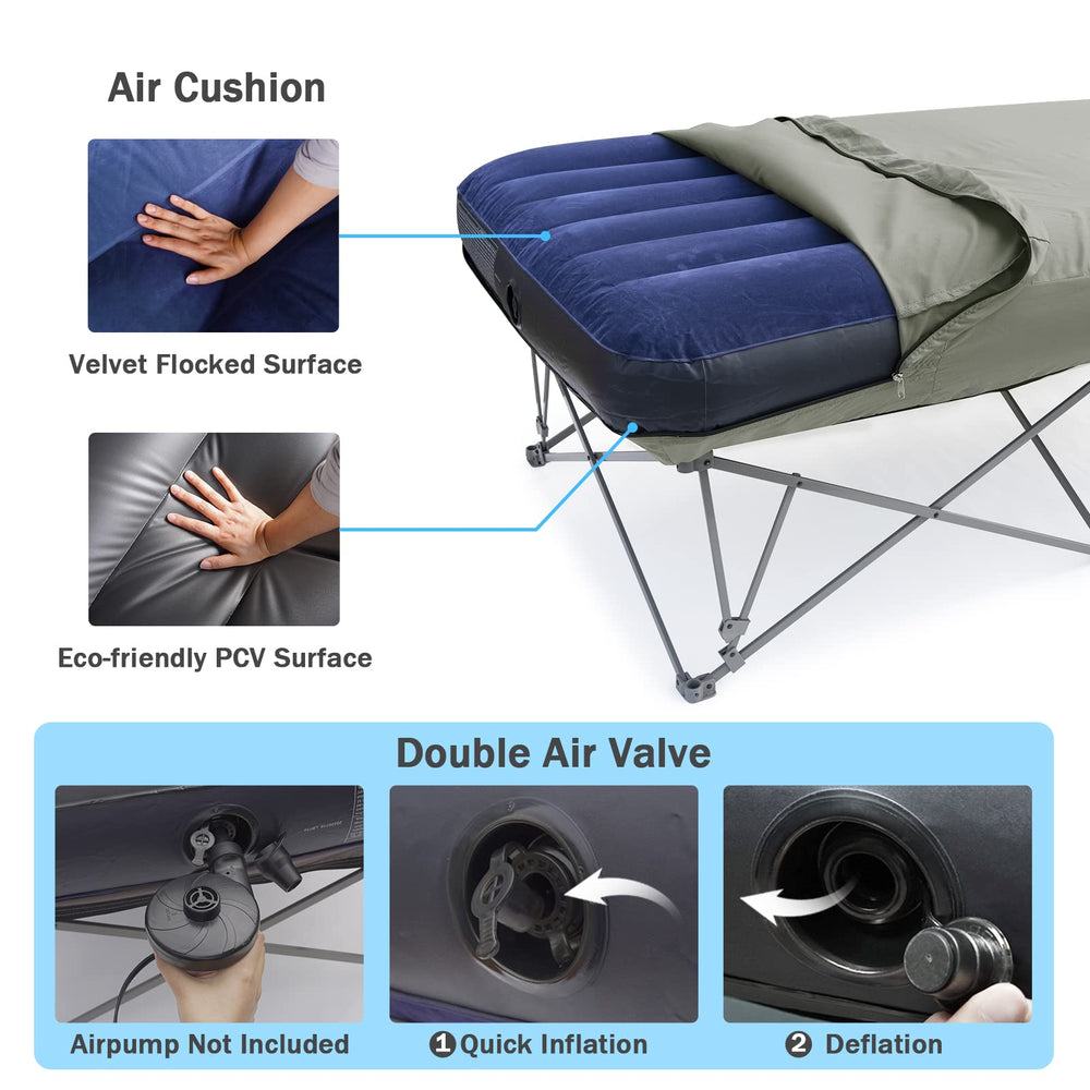 KAMPKEEPER portable twin cot with air mattress suits guest rooms.