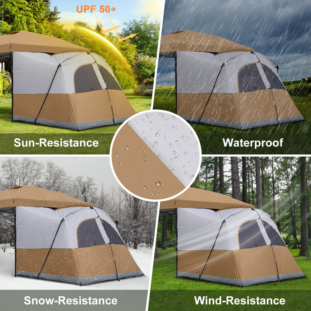 KAMPKEEPER canopy side tent easy-assembly shows single-person setup capability.