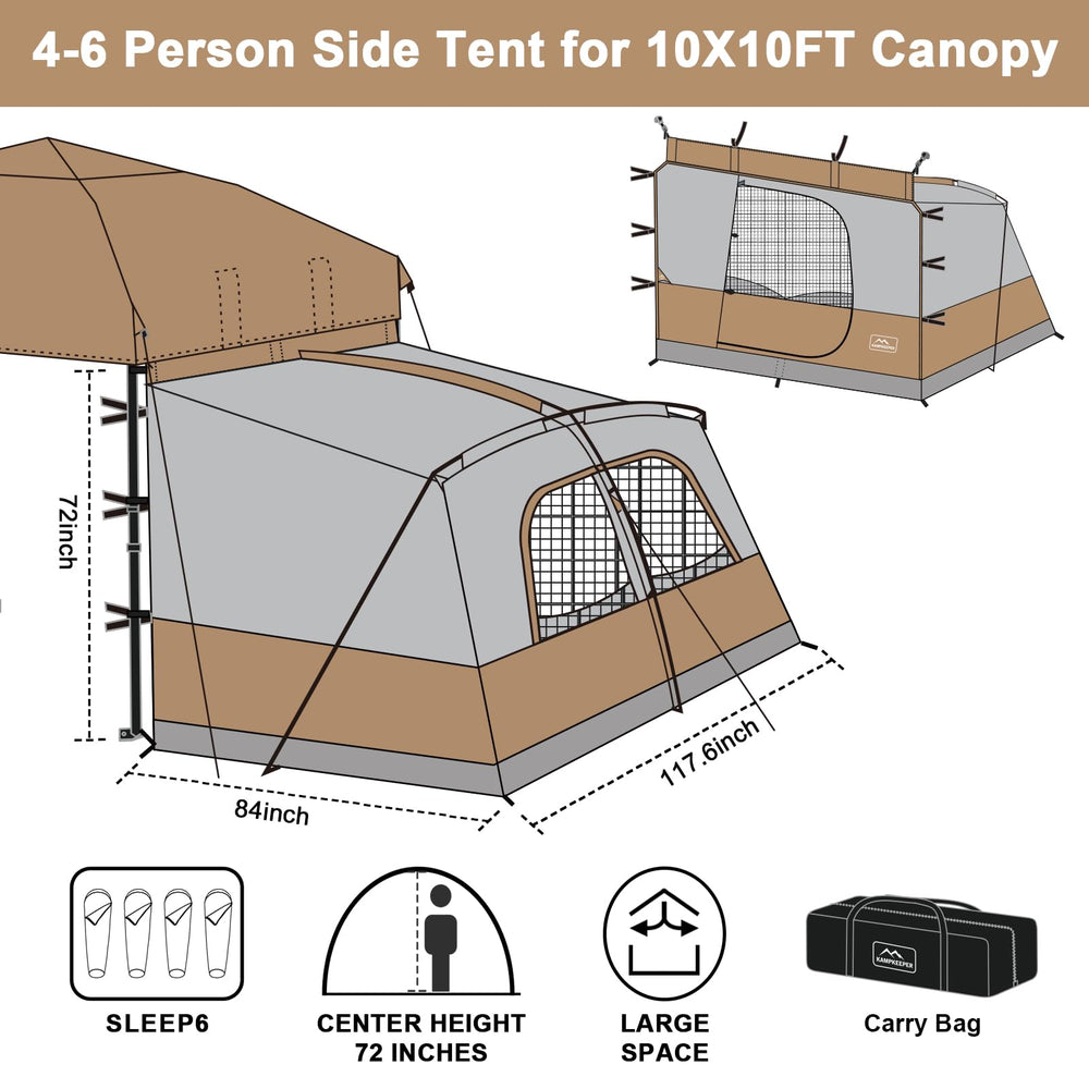 KAMPKEEPER canopy side tent family-use scene captures cozy outdoor resting space.