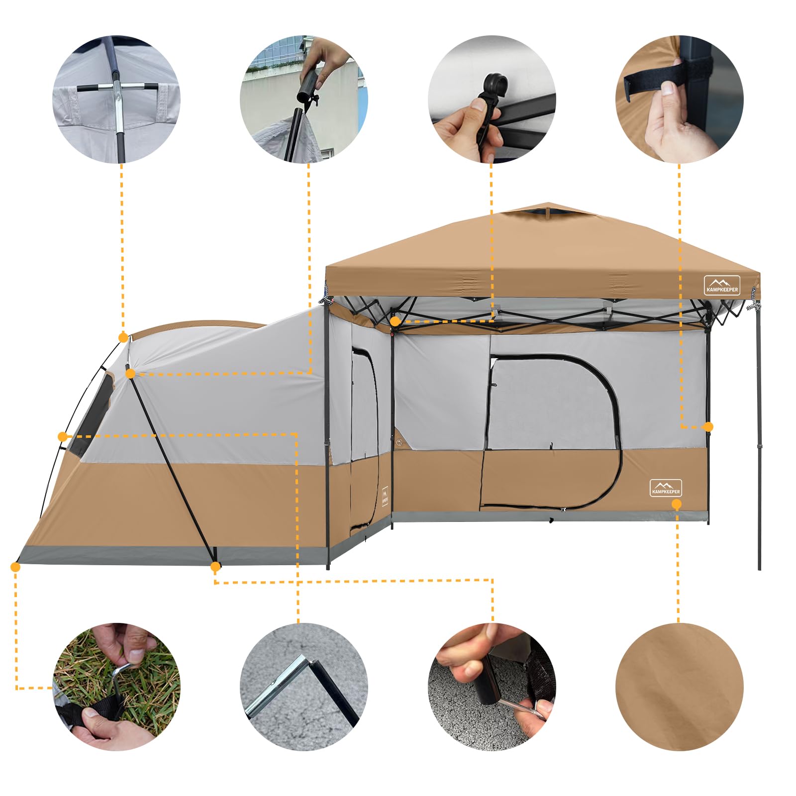 KAMPKEEPER canopy side tent waterproof fabric keeps rain and sun at bay.