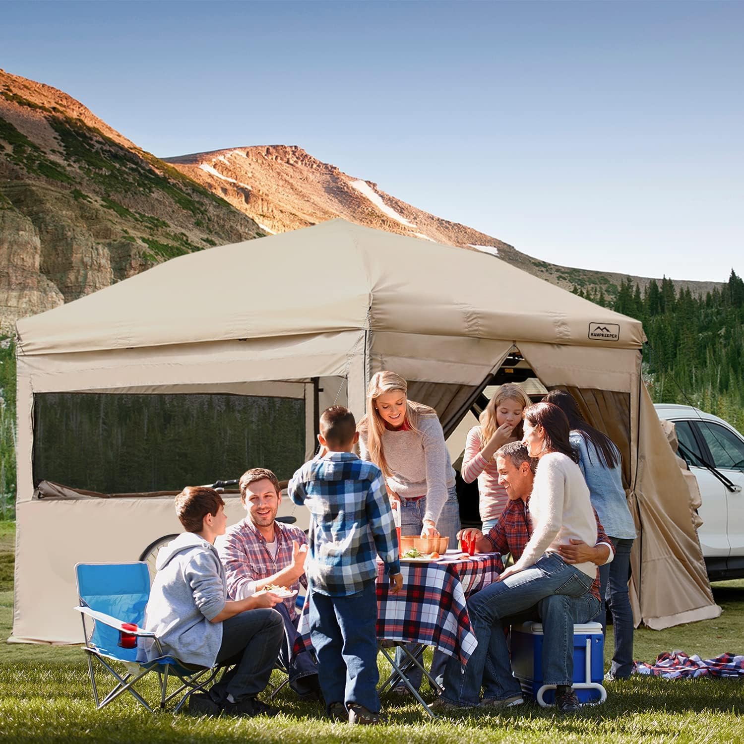KampKeeper easy-installation attachment demonstrates fast canopy conversion by one person.